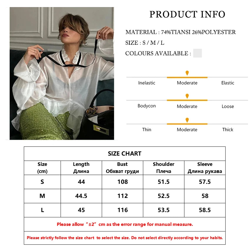 Clacive Sexy Loose White Women'S Shirt 2024 Fashion Ruffle Collar Long Sleeve Blouses Elegant See Through Top Female Clothing