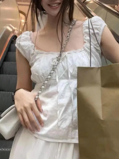 2024 New White Lace Tied Square Neck Summer T-shirts Chic Elegant Short Sleeve Tee Cotton Y2K Street Casual Bow Tie-up Top Women