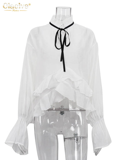 Clacive Sexy Loose White Women'S Shirt 2024 Fashion Ruffle Collar Long Sleeve Blouses Elegant See Through Top Female Clothing
