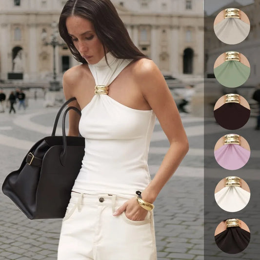 Summer Sexy Metal Ring Off Shoulder Tank Tops Women Fashion Turtleneck Sleeveless Slim Cropped Tops Elastic T-shirts Tee 2025