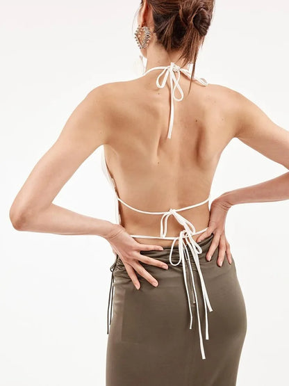 VGH Solid Patchwork Folds Sexy Tank Tops For Women Halter Sleeveless Backless Splice Lace Up Minimalist Vests Female Fashion New