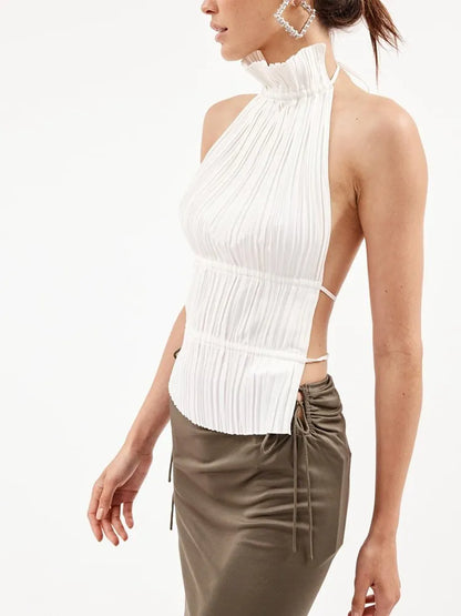 VGH Solid Patchwork Folds Sexy Tank Tops For Women Halter Sleeveless Backless Splice Lace Up Minimalist Vests Female Fashion New