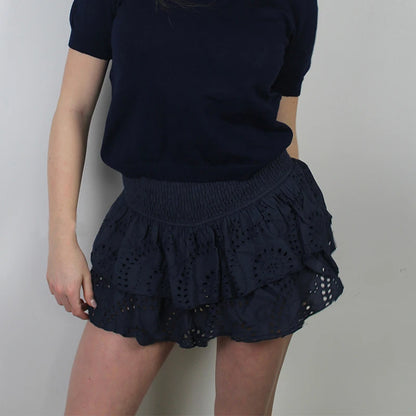Women Y2K Ruffle Layered Hollow Mini Skirts Smocked A Line Pleated Short Skirts Teen Girls Boho Beach Kawaii Mini Skirts