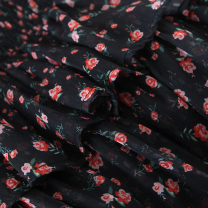 2022 Women Sexy Cross Bandage Black Flower Print Puff Long Sleeve Dress 3 layer Wood Ears Ruffles Hem Cake Mini Holiday Robe
