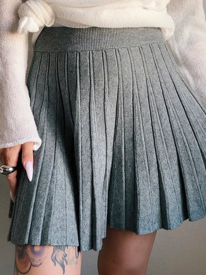 Spring Knit White Mini Pleated Skirts For Women A Line Skirt Gray High Waist Women Knitted Pleated Short Skirts Korean Fashion