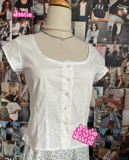 2024 New White Lace Tied Square Neck Summer T-shirts Chic Elegant Short Sleeve Tee Cotton Y2K Street Casual Bow Tie-up Top Women