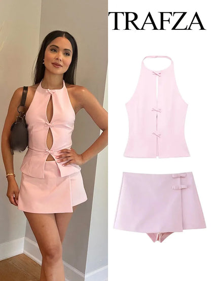 TRAFZA 2024 Women's Retro Bow-trimmed Vest Elegant Solid O Neck Sleeveless Off-shoulder Halterneck Summer Vintage Casual Tops