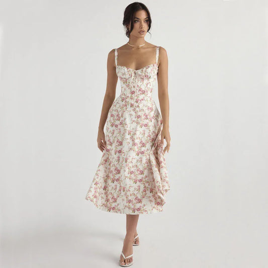 Luxury new temperament solid color fashion high-end halter dress floral dress women