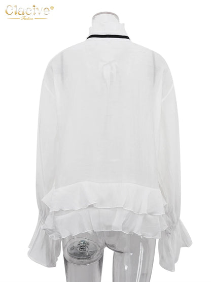 Clacive Sexy Loose White Women'S Shirt 2024 Fashion Ruffle Collar Long Sleeve Blouses Elegant See Through Top Female Clothing