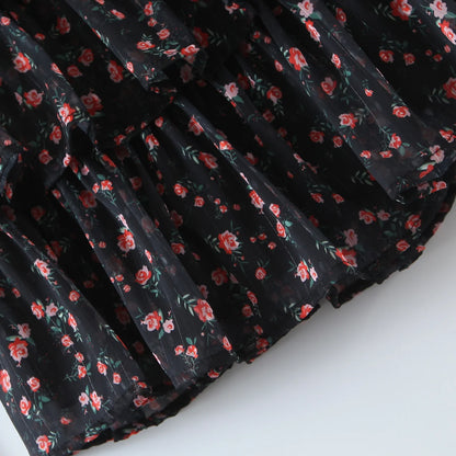 2022 Women Sexy Cross Bandage Black Flower Print Puff Long Sleeve Dress 3 layer Wood Ears Ruffles Hem Cake Mini Holiday Robe