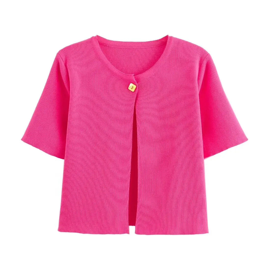 TRAFZA Women Elegant Solid Cardigan Coat Jackets Short Sleeve Metal Button Thin Knitted Shirt Female Y2K Cropped Top Outwear