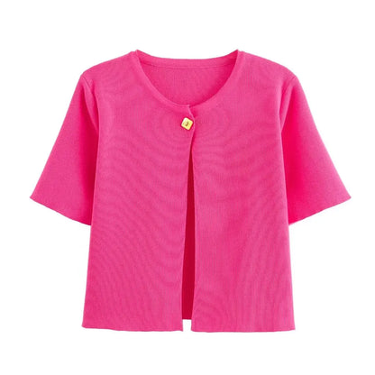TRAFZA Women Elegant Solid Cardigan Coat Jackets Short Sleeve Metal Button Thin Knitted Shirt Female Y2K Cropped Top Outwear