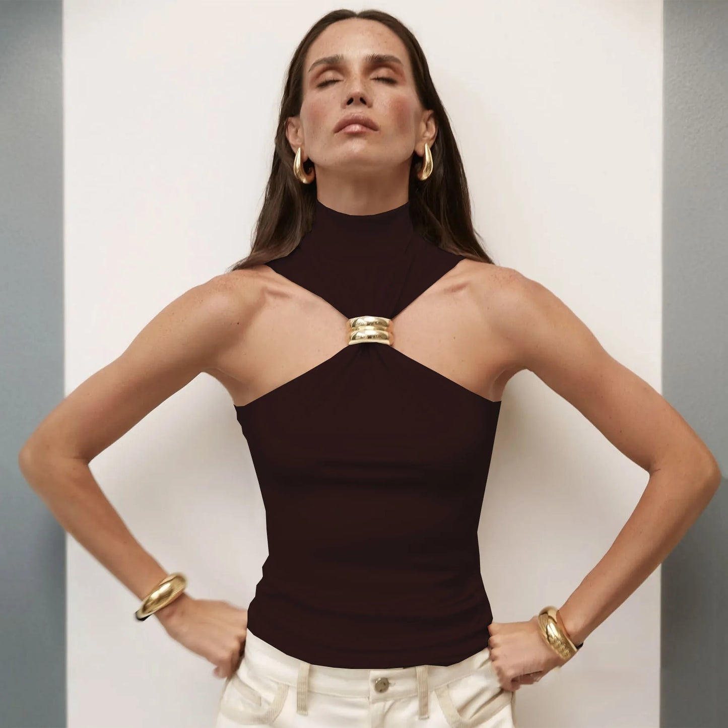 Summer Sexy Metal Ring Off Shoulder Tank Tops Women Fashion Turtleneck Sleeveless Slim Cropped Tops Elastic T-shirts Tee 2025