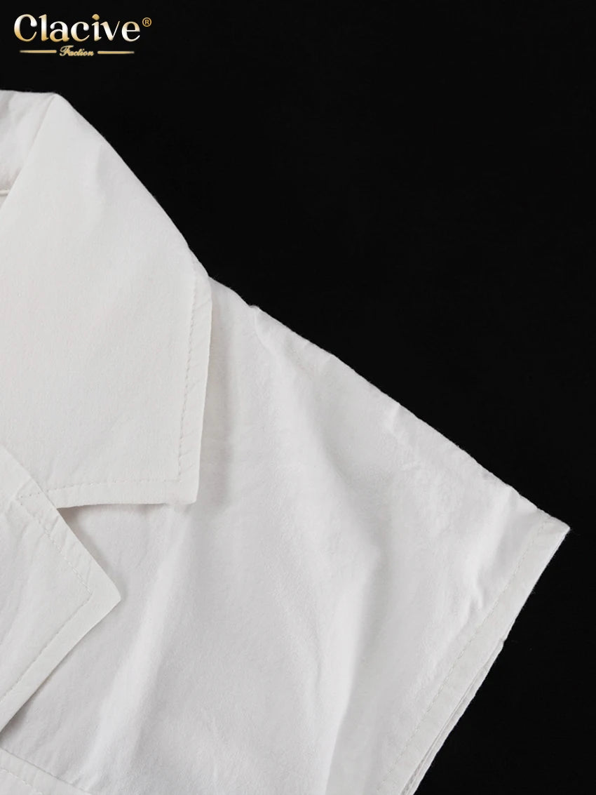 Clacive Fashion Loose White Cotton Women's Shirt 2024 Elegant Lapel Sleeveless Shirts Casual Classic Solid Top Female Clothing
