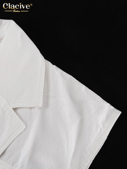 Clacive Fashion Loose White Cotton Women's Shirt 2024 Elegant Lapel Sleeveless Shirts Casual Classic Solid Top Female Clothing