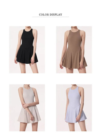 Gym Set Fitness Bodysuit Sportswear Women Romper Short Skirt Jumpsuit Sleeveless Workout Clothes Push Up One-piece Yoga Suit