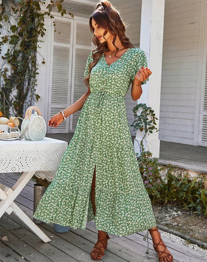 Vintage Floral Dresses for Women Elegant Loose New Slit Dress Summer Beach Holiday Leisure Long Dresses High Waist Print Vestido