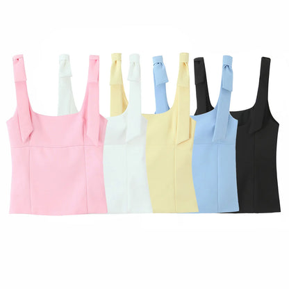 TRAFZA Summer Woman Elegant High Street Solid Side Zipper Slim Tops Women's Chic Sexy Sleeveless Bow Square Collar Sling Top