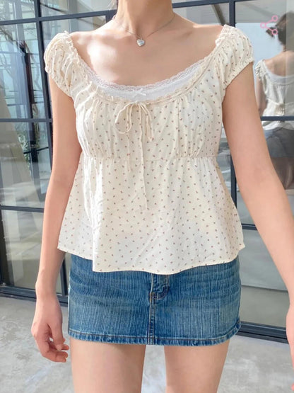 2024 New White Lace Tied Square Neck Summer T-shirts Chic Elegant Short Sleeve Tee Cotton Y2K Street Casual Bow Tie-up Top Women