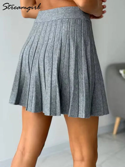 Spring Knit White Mini Pleated Skirts For Women A Line Skirt Gray High Waist Women Knitted Pleated Short Skirts Korean Fashion