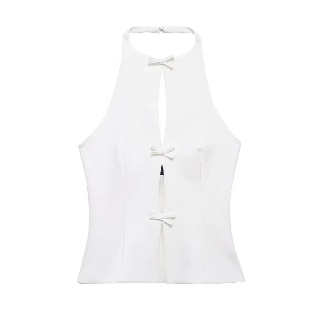 TRAFZA 2024 Women's Retro Bow-trimmed Vest Elegant Solid O Neck Sleeveless Off-shoulder Halterneck Summer Vintage Casual Tops