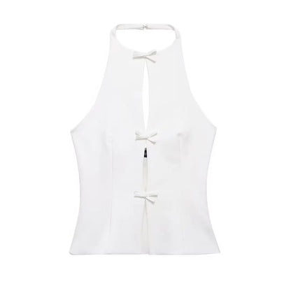 TRAFZA 2024 Women's Retro Bow-trimmed Vest Elegant Solid O Neck Sleeveless Off-shoulder Halterneck Summer Vintage Casual Tops