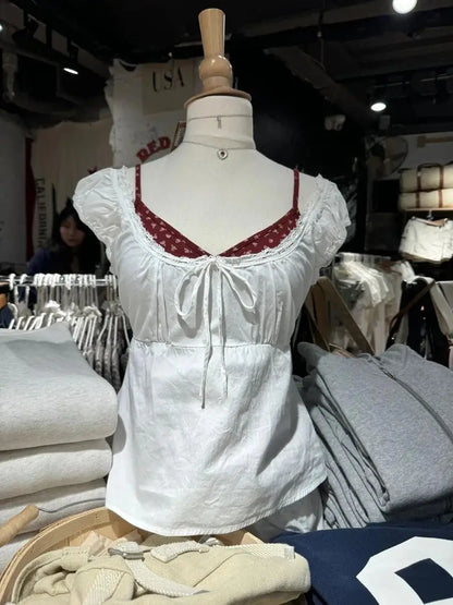 2024 New White Lace Tied Square Neck Summer T-shirts Chic Elegant Short Sleeve Tee Cotton Y2K Street Casual Bow Tie-up Top Women