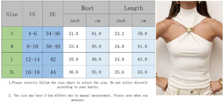 Summer Sexy Metal Ring Off Shoulder Tank Tops Women Fashion Turtleneck Sleeveless Slim Cropped Tops Elastic T-shirts Tee 2025
