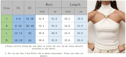 Summer Sexy Metal Ring Off Shoulder Tank Tops Women Fashion Turtleneck Sleeveless Slim Cropped Tops Elastic T-shirts Tee 2025