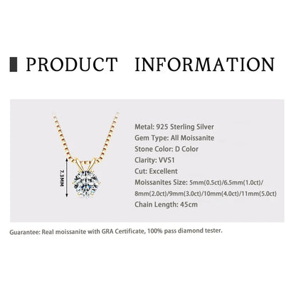 RAPRGOLD GRA Certified 0.5-5ct Moissanite Pendant Necklaces 925 Sterling Silver Solitaire Necklace Chain For Women Jewellry Gift