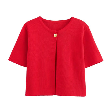 TRAFZA Women Elegant Solid Cardigan Coat Jackets Short Sleeve Metal Button Thin Knitted Shirt Female Y2K Cropped Top Outwear