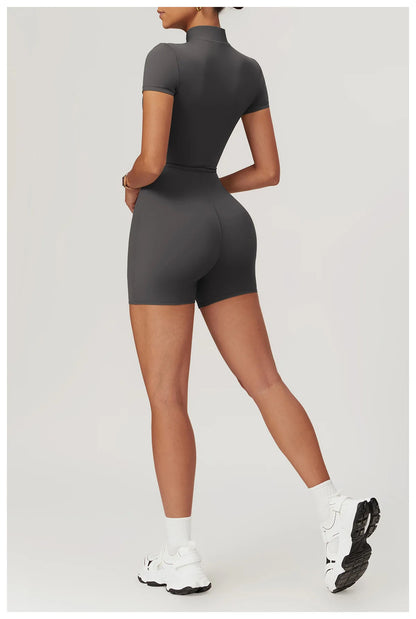 Yoga Jumpsuit Summer Short Sleeve Zipper Sports Wear Gym Fitness Sports Bodysuits Women Dance Running Workout Clothes Yoga Suit