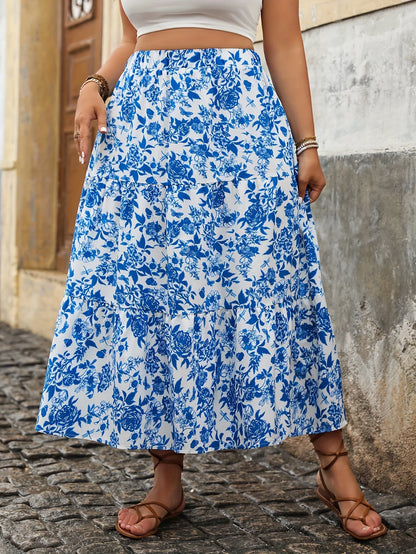 Plus Size Women Elegant Floral Print Skirt Casual Fashion Loose High Waist Long Vintage Midi A-line Skirts