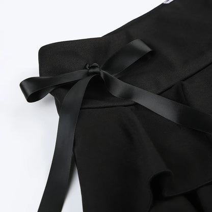 Goth Y2K Black Lace Trim Bow A Line Mini Skirt Women Korean Streetwear