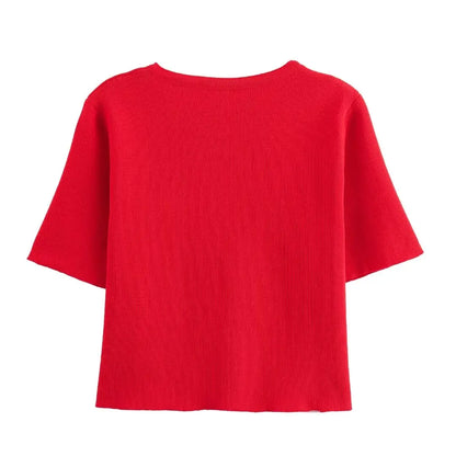 TRAFZA Women Elegant Solid Cardigan Coat Jackets Short Sleeve Metal Button Thin Knitted Shirt Female Y2K Cropped Top Outwear