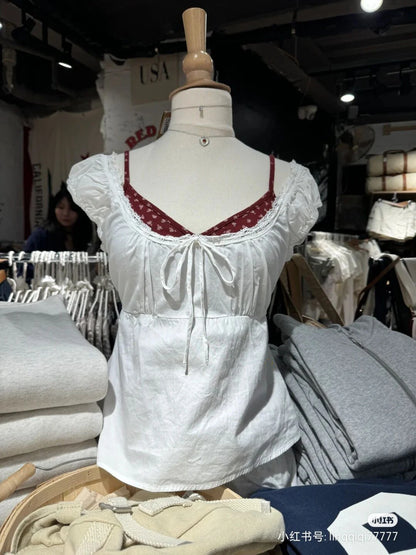 2024 New White Lace Tied Square Neck Summer T-shirts Chic Elegant Short Sleeve Tee Cotton Y2K Street Casual Bow Tie-up Top Women