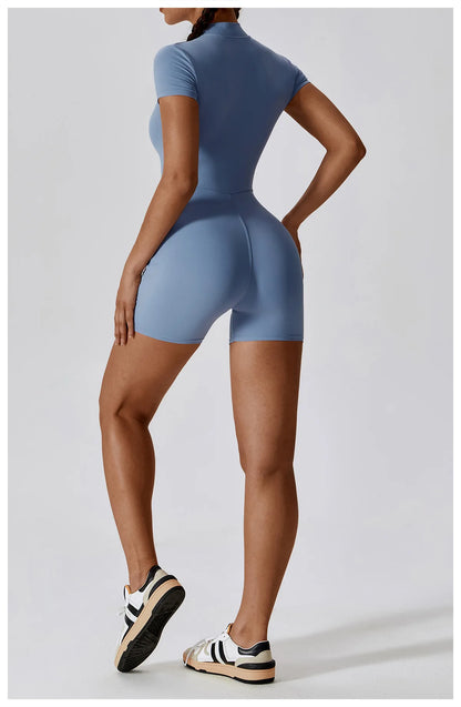 Yoga Jumpsuit Summer Short Sleeve Zipper Sports Wear Gym Fitness Sports Bodysuits Women Dance Running Workout Clothes Yoga Suit