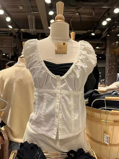 2024 New White Lace Tied Square Neck Summer T-shirts Chic Elegant Short Sleeve Tee Cotton Y2K Street Casual Bow Tie-up Top Women