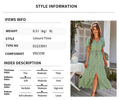 Vintage Floral Dresses for Women Elegant Loose New Slit Dress Summer Beach Holiday Leisure Long Dresses High Waist Print Vestido
