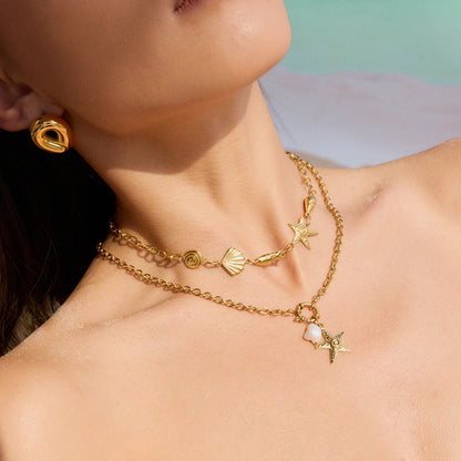 Zora Summer Beach Women's Starfish Clavicle Necklace Ocean Elements 18K Gold-plated Stainless Steel Waterproof Jewelry