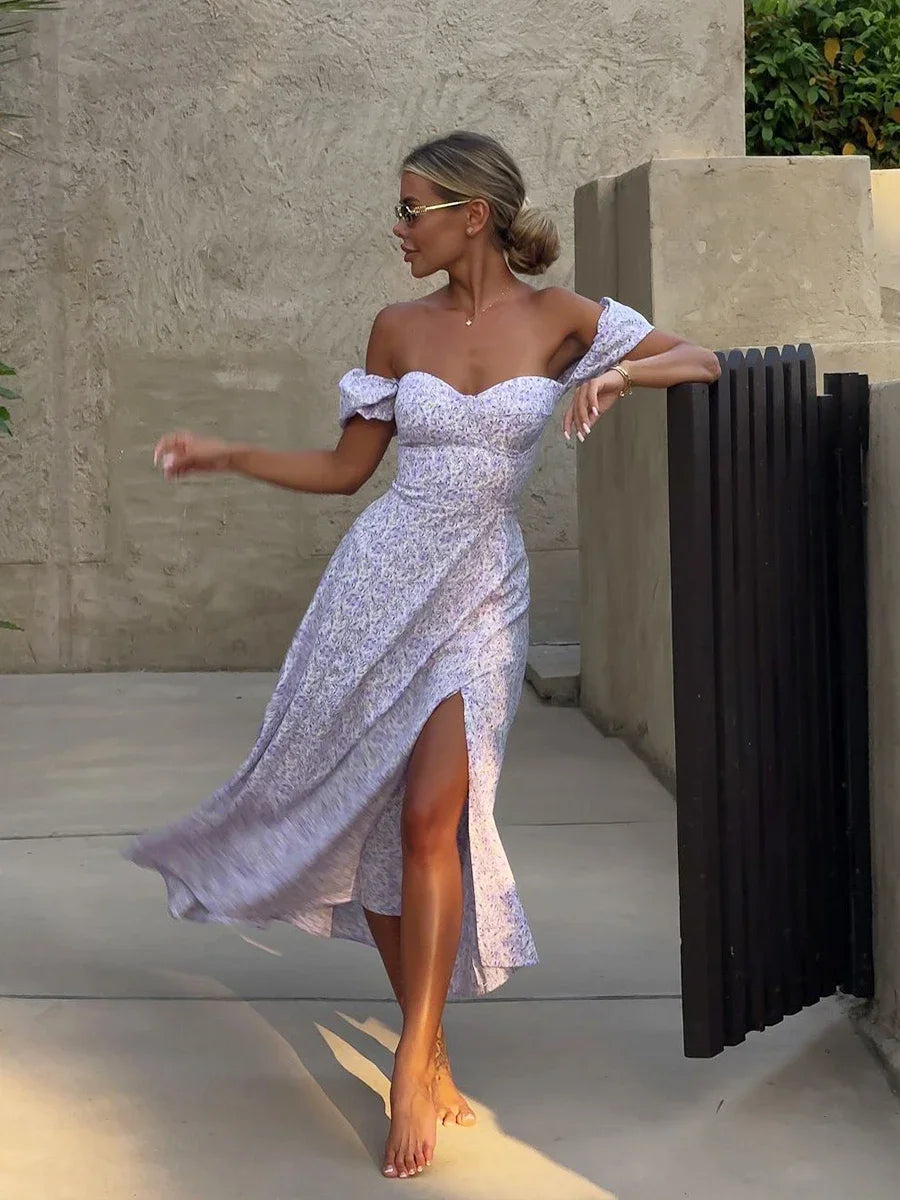 Wolfeel Women's Off Shoulder Floral Dress Summer New Fashionable Slit Long Slim Fit Print Dress Sexy Hot Girl Evening Dresses