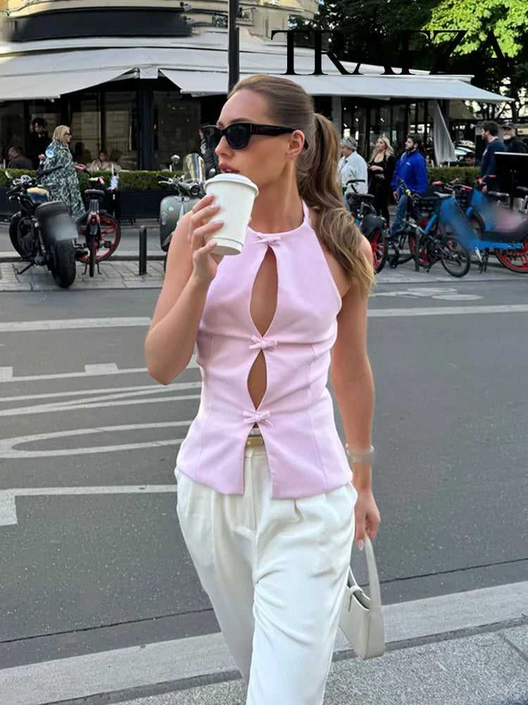 TRAFZA 2024 Women's Retro Bow-trimmed Vest Elegant Solid O Neck Sleeveless Off-shoulder Halterneck Summer Vintage Casual Tops