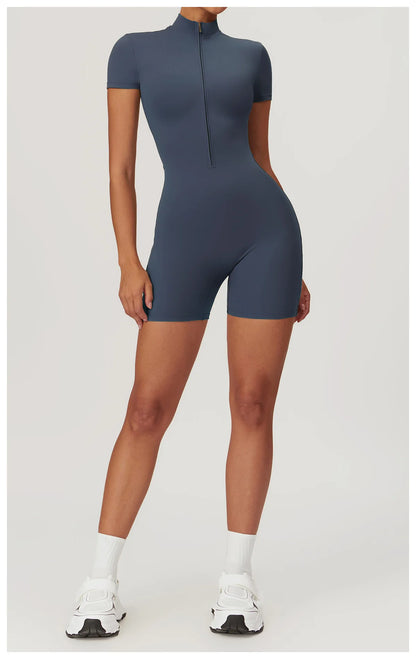 Yoga Jumpsuit Summer Short Sleeve Zipper Sports Wear Gym Fitness Sports Bodysuits Women Dance Running Workout Clothes Yoga Suit