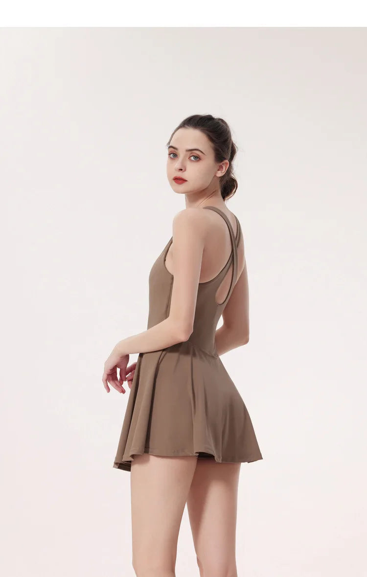 Gym Set Fitness Bodysuit Sportswear Women Romper Short Skirt Jumpsuit Sleeveless Workout Clothes Push Up One-piece Yoga Suit