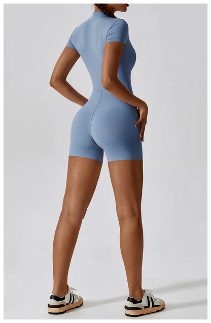 Yoga Jumpsuit Summer Short Sleeve Zipper Sports Wear Gym Fitness Sports Bodysuits Women Dance Running Workout Clothes Yoga Suit