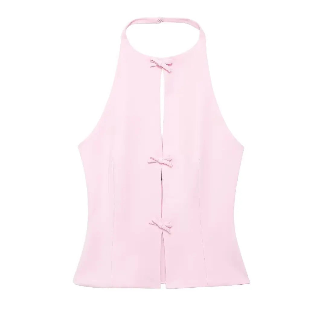 TRAFZA 2024 Women's Retro Bow-trimmed Vest Elegant Solid O Neck Sleeveless Off-shoulder Halterneck Summer Vintage Casual Tops