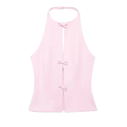TRAFZA 2024 Women's Retro Bow-trimmed Vest Elegant Solid O Neck Sleeveless Off-shoulder Halterneck Summer Vintage Casual Tops