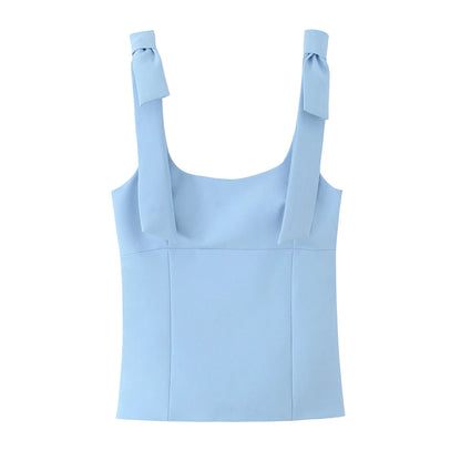 TRAFZA Summer Woman Elegant High Street Solid Side Zipper Slim Tops Women's Chic Sexy Sleeveless Bow Square Collar Sling Top