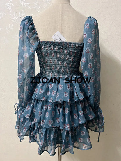 2022 Women Sexy Cross Bandage Black Flower Print Puff Long Sleeve Dress 3 layer Wood Ears Ruffles Hem Cake Mini Holiday Robe
