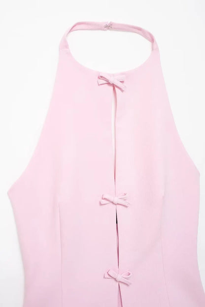 TRAFZA 2024 Women's Retro Bow-trimmed Vest Elegant Solid O Neck Sleeveless Off-shoulder Halterneck Summer Vintage Casual Tops